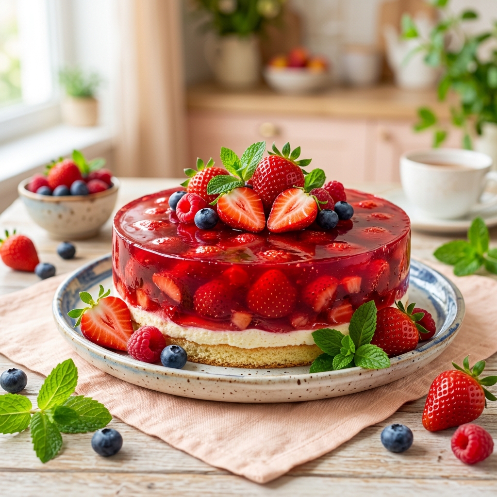 Gorgeous and shiny strawberry gelatin cake